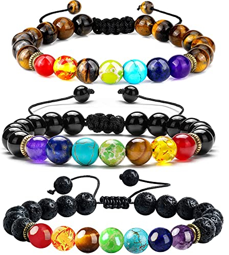 Aieraczy 3 Stück Chakra Armband Echte Steine, 7 Chakren Armband Damen, Natürliche Lavastein Chakra Steine spirituelle geschenke, Perlen für Damen, Edelstein Heilsteine und Yoga Armbänder Zubehör