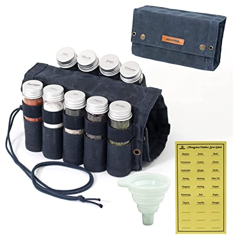 MONGPIENS Camping Spice kit with 9 spice Jar,rope,Spice Labels Sticker,Silicone Collapsible Funnel, Canvas Travel Seasoning container, portable spice bag for travel (CAMEL BROWN) (NAVY BLUE)