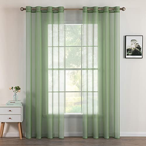 MIULEE 2er Set Voile Vorhang mit Ösen Transparente Gardine aus Voile Polyester Ösenschal Transparent Wohnzimmer Luftig Dekoschal für Schlafzimmer Grau Grün 245 x 140cm H x B, Grommet Top