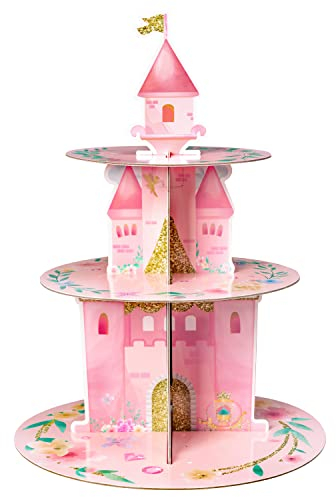 ANGOLIO Présentoir à cupcakes à 3 niveaux en carton aquarelle pour fête d'anniversaire de princesse - Château rose - Tour à dessert - Fournitures de fête pour enfants et filles - Thème rose
