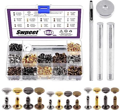 Swpeet 180 ensembles 4 couleurs 8mm 10mm 12mm rivets en cuir double capuchon rivets avec 4pcs outils de fixation Kit d'assortiment, rivets en cuir double capuchon rivets tubulaire pour bricolage cuir