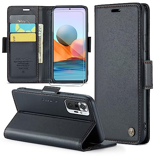 FERLAN Funda para Xiaomi Redmi Note 10 Pro 4G + 2 Piezas Cristal Templado,Compatible con Carga inalámbrica, con Bloqueo RFID, Hebilla Magnetica, Ranuras para Tarjetas,Negro