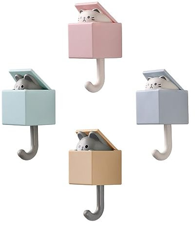 Tucireat Crochet de Clé pour Chat 4 Pièces Crochet Utilitaire en Forme de Chat Crochet de Manteau Adhésif Crochet de Chat Mignon Animal Crochet Adhésif Crochet de Porte Support de Clé de Chat