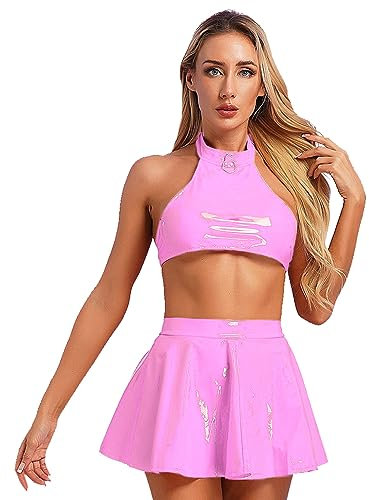 TiaoBug Damen Wetlook Dessous Set Sexy Neckholder Crop Top und Hohe Taille Skater Teller Glocken Rock Lack Leder Optik Gogo Raver Outfit Clubwear Hot Pink Crop Top 4XL