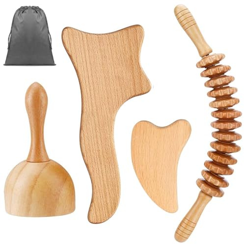 4 Stück Gua Sha Set, Massageroller, Rückenkratzer Holz, Gua Sha Massagegerät für Nacken, Beine, Augen, Rücken und Körper, Schmerzlinderung und Entspannung, Maderotherapie
