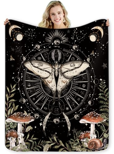 Miyotaa Flanelldecke mit Mottenpilz, Gothic, 127 x 152 cm, Geschenk, Hexe, geheimnisvolle Mondphase, Gothic, Nacht, weich, warm, flauschig, Überwurf, Decke für Couch, Sofa, Büro, Bett, Reisen,