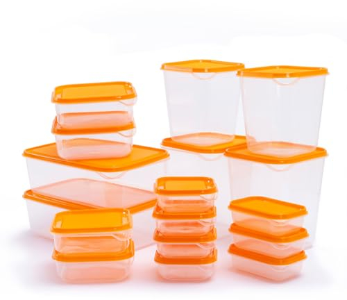 ASPIRE UK 17 Pack Food Storage Container Set Orange BPA Free Reusable Plastic Container Airtight Leak-Proof Safe Perfect for Meal Prep and Lunches