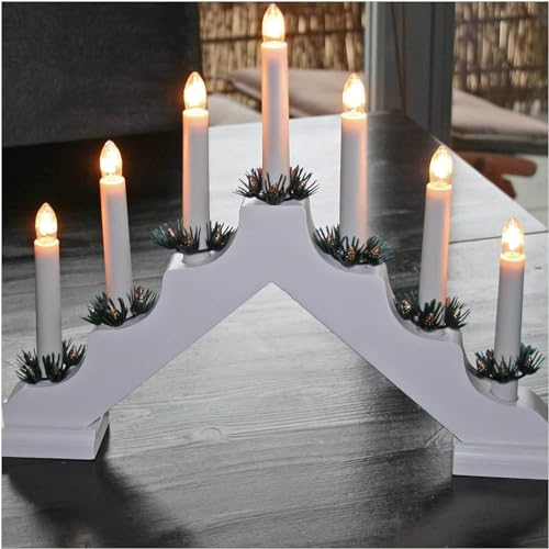 Holzschwibbogen Lichterbogen Holzleuchter Schwibbogen (weiß, mit Tannen-Manchetten)