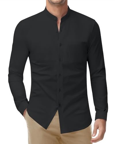 DEMEANOR Stretch Mens Shirts Long Sleeve Grandad Collar Shirts Muscle fit Mens Casual Shirts Band Collar Shirts Black