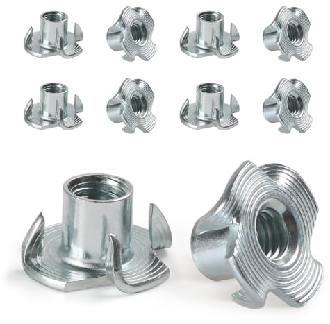 FOMGIIN Dadi a T M4 X 8 mm, 10 Pezzi Acciaio Zincato T Dado, Filettato Dadi a Griffe Dadi con 4 Griffe Legno Inserti per il Fissaggio di Parti di Mobili Dado con Griffe Manicotti da