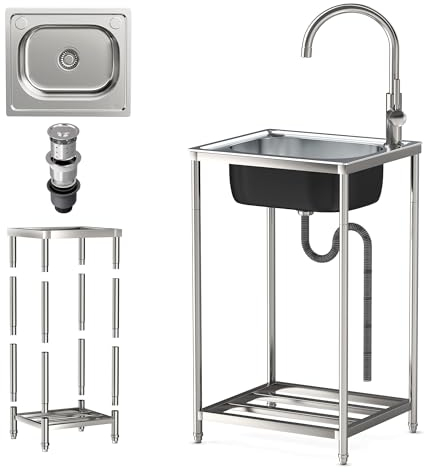 Fregadero Exterior Jardin Fregadero Acero Inoxidable Portatil Fregadero Independiente Con Grifo, Fregadero Industrial, Para Cocina, Restaurante, Bar, Jardín, Camper (37 * 42 * 82CM)