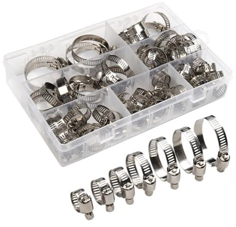 60 Pièces Collier de Serrage Réglables, 7 Tailles 8-38mm Tuyau Clips Réglable Colliers de Serrage en Acier Inoxydable, Tuyau Clips Colier de Serrage Metalique