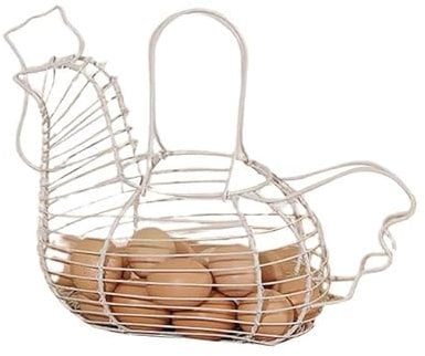 1 Pc Chicken Shaped Egg Basket Rustic Decor Chicken Basket Egg Holder Farm Chicken Egg Holder Kitchen Storage Metal Wire Egg Basket With Handle for Home Kitchen Fruit Storage Rooster Decor, White