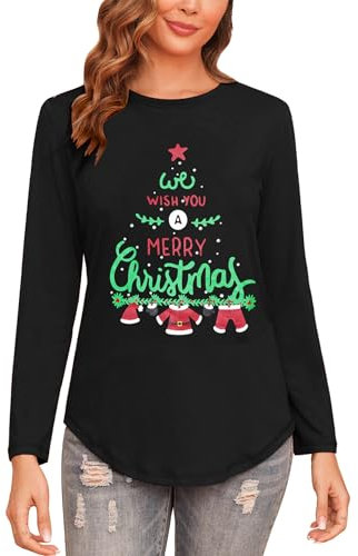 Gyabnw Merry Christmas T Shirts for Women UK Family Xmas Tops Long Sleeve Funny Graphic Printed Clothes Holiday Vacation Gift