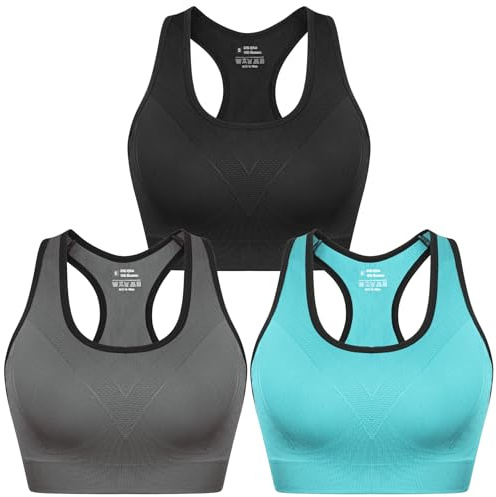 Sykooria Brassière Sport Femme, Brassière Yoga Femme Coussinets Amovibles Élastique Danse sous-vêtements de Sport 341-Noir+Gris+Bleu L