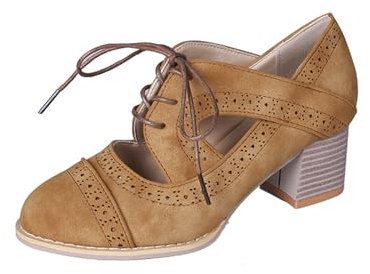 Wonafa Mujer Tacón de Bloque con Cordones Brogues Derby Pumps Zapatos de Vestir