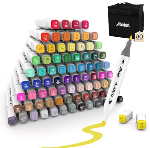 ABEIER 80 Farben Alkohol Stifte Set, Schnell Trocknende Alkohol Marker, Doppelseitige Marker Stifte, Meißel & Feine Alkoholmarker für Malerei, Zeichnen, Design, Manga, Permanentmarker mit Tragetasche