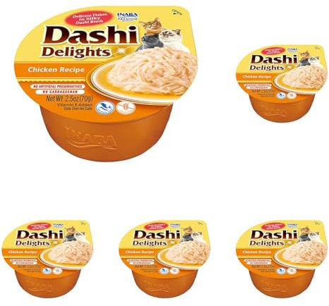 INABA Dashi Delights Katzenfutter nass, Huhn 70 g (5er Pack), Hochwertiges Katzen Leckerlies in Sauce