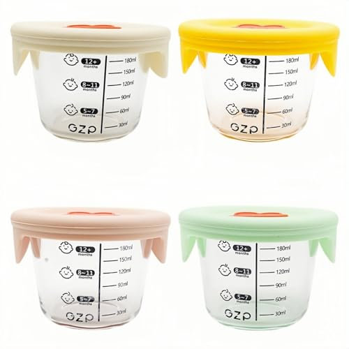 DIYCUT 4 Piezas Tarros de Cristal con Tapa de 180 ml, Recipientes de Cristal para Alimentos para Bebé, Termo Papilla Bebe con Tapa de Silicona con Escala Medidora, para Guardar Comida y Fruta