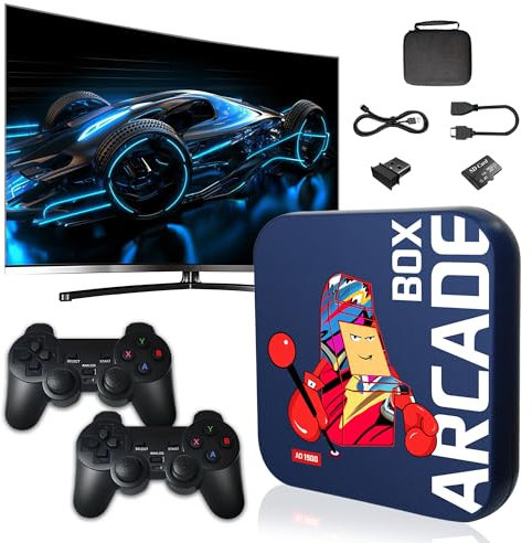Arcade Box,Mini Caja de Juegos Arcade,64/128/256GB,30000/41000/50000+Juegos,emulador de videoconsola Plug and Play Videojuegos para TV,Mando inalambrico 2.4g,Negro,Emuelec4.3 (64g)