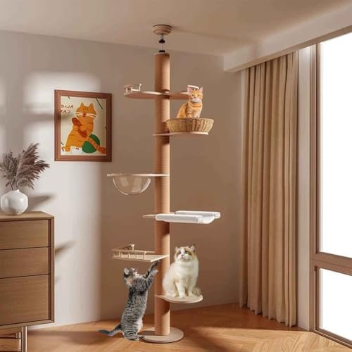 PJDDP Cat Tree Floor To Ceiling, Cat Climbing Pole Floor To Ceiling, Tension Pole Cat Tree with Comfortable Bed, Observation Deck, Space Capsule for Climb, Scratch, Lookout And Play