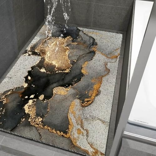 Surwin Duschmatte rutschfest PVC, Marmor Stil Luffa Badematte Massage Duschmatten mit Ablaufloch, Weich Komfort Schnelltrocknend Badewannenmatte Antirutschmatte Waschbar (Schwarz Marmor,80x120cm)