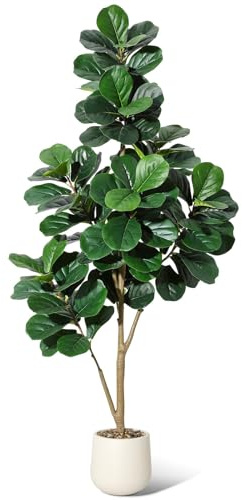 Garvee Kunstpflanze Fiddle Feigenbaum 180 cm Künstliche Pflanzen Groß Mit Schotter Und Moos,Plastikpflanzen Mit Weiß Topf Und Schotter, Für Home Decor Zimmerdeko Schlafzimmer Dekoration