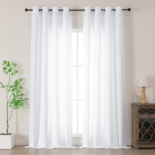 Simplebrand Gardinen Weiss Halbtransparent Vorhänge mit ösen Vorhang lang Modern Leinenoptik Halbtransparent Ösenvorhang für Wohnzimmer Kinderzimmer Raumteiler 2er Set, Weiß, H 260 x B 140 cm