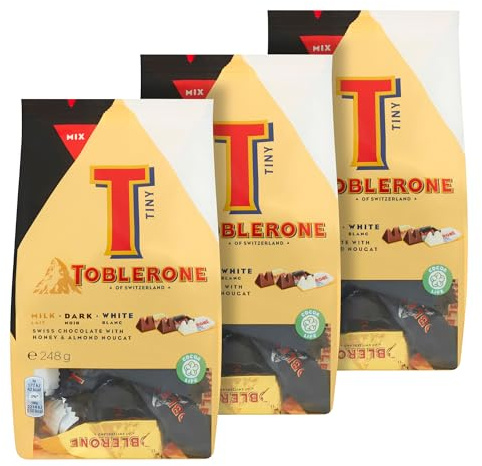 TOBLERONE - Assortiments de Mini Chocolats au Lait, Noir et Blanc avec Nougat au Miel Et Aux Amandes - Idée Cadeau Noël - Chocolat à Offrir ou Partager - Lot de 3 Sachets de 248 g