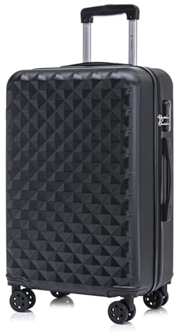 YONSLY Koffer Suitcase L Schwarz, Trolley Reisekoffer, Rollkoffer Handgepäck mit 4 Rollen 360°, Hartschalenreisekoffer, Zahlenschloss, Weicher Gummigriff