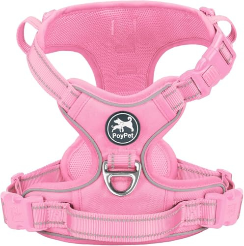 PoyPet Keine Pull Hundegeschirr, Reflektierendes Hundegeschirr für Hunde ohne Choke, Verstellbare, weich gepolsterte Haustierweste mit Easy Control-Griff für kleine bis große Hunde(rosa,L)