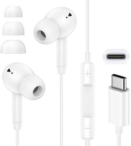 Wired Earbuds USB C Headphones for iPhone 17 Type C Corded Headphones | Earbuds with Microphone Noise Cancelling Wired Earphone for Samsung Galaxy S26 S25 A16 A17 Plug in TypeC Headphone, White