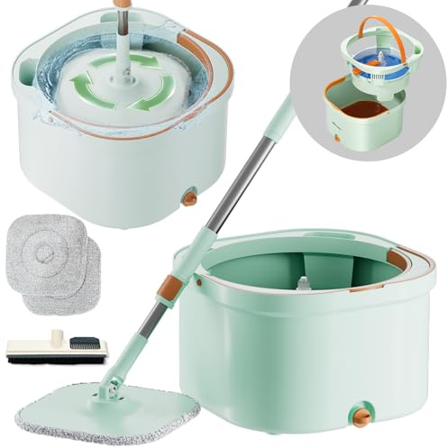 Wischmopp Set Mit Eimer,Bodenwischer 2 Kammer System,360°Drehbarer Bodenwischer,Bodenwisch-Set &Wischeimer,Mop Set mit Auswringfunktion und Teleskopstange,Mikrofaser-Bodenwischer für Alle Bodenarten