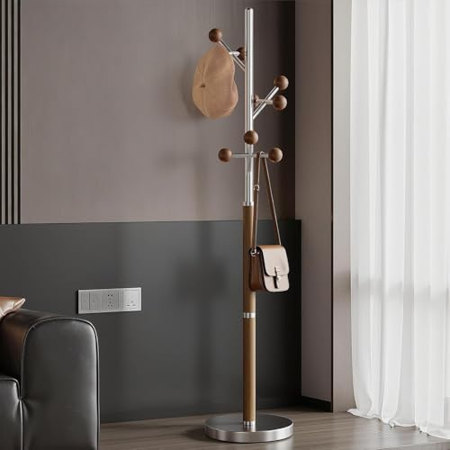 Bekrvio Porte-manteau sur pied en inox, bois et marbre, 9 crochets, 178 cm | Inox, bois et marbre, porte-manteau sur pied pour manteaux et sacs, idéal entrée, chambre, salon ou bureau