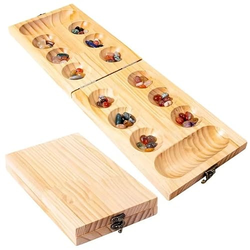 Flero Kalaha Spiel, Holzsteinspiel mit Steinen, Mancala, Hus Spiel, Edelsteinspiel, Strategiespiele, faltbares Holzbrett und schöne Bunte Steine (Premium)