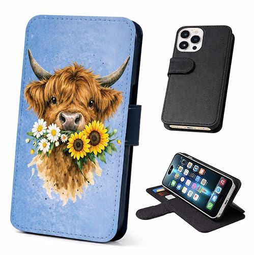 Highland Cow Wallet Phone Case Flip Cover Compatible with iPhone SE X XR 11 12 13 14 15 16 16E 17 Air Plus Mini Pro Max – Faux Leather Scottish Highland Cow, Rustic Animal, Daisy Sunflowers Blue
