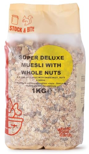 Wholefood Earth Super Deluxe Muesli With Whole Nuts 1kg - Flakes Dried Fruit Nuts & Seeds Blend | No Added Sugar | Stock & Bite