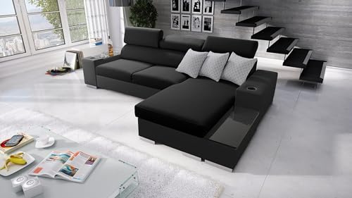 IM SOFA Ecksofa in L-Form mit Schlaffunktion und Stauraum Eckcouch PERS I MINI (Schwarz Sawana + Schwarzes Kunstleder, Rechts)