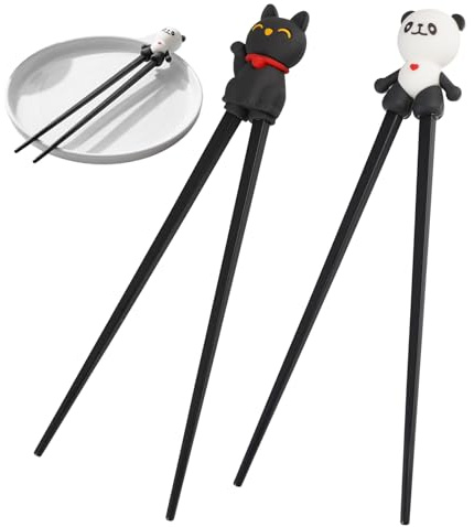 2 Pairs of Chopsticks Aid for Beginners, Black Panda and Lucky Cat Design, Learning Sticks with Spring Joint, Reusable, Training Chopsticks Set for Beginners to Eat Asian Noodles