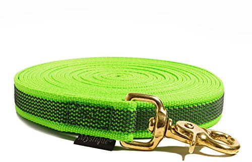 Mystique® Gummierte Schleppleine 20mm mit Handschlaufe Messing Scherenkarabiner neon grün 7,5m