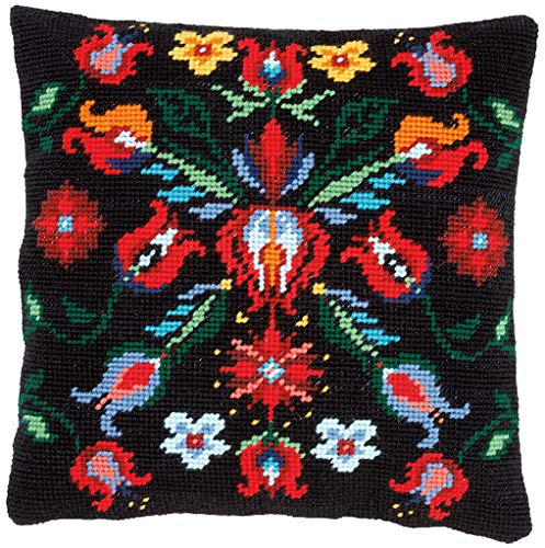 Vervaco Tapestry Cushion Folklore Black II, satin cross stitch embroidery kit, Vorbeze Nice, Cotton, multicoloured, 40 x 40 x 0.3 cm
