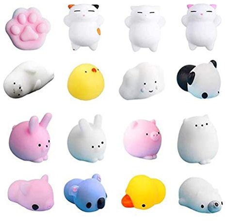 Figurines animales Squishy Kawaii Squeeze Toy Jouets Anti-Stress (Paquet de 16 pièces) Chats, Ours Panda, cochons, Lapins | Amusant, coloré, Non-Toxique Silicone | Filles, garçons et Adolescents