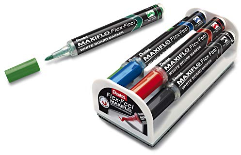 Pentel MWL5SBF-4N Maxiflo Flexfeel Whiteboardmarker mit flexibler Spitze, 4er Set mit Magnet und Wischer, schwarz/rot/blau/grün