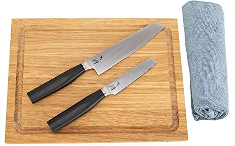 KAI Tim Mälzer Kamagata Messerset | Officemesser (TMK-0700) +Allzweckmesser (TMK-0701) + KAI-Schneidebrett aus Eiche, 30x22 cm + Poliertuch | VK: 199,- €