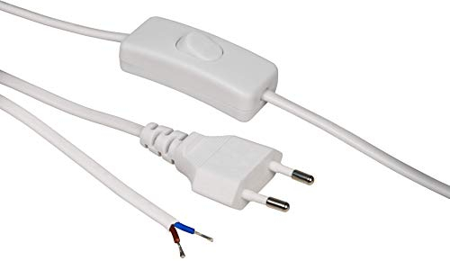 McPower Euro-Netzkabel mit Schnurschalter | 2m weiß | H03VVH2-F 2X 0,75mm² | blanke Enden, max. 100W | Anschlussleitung für Leuchten, Geräte, DIY-Projekte