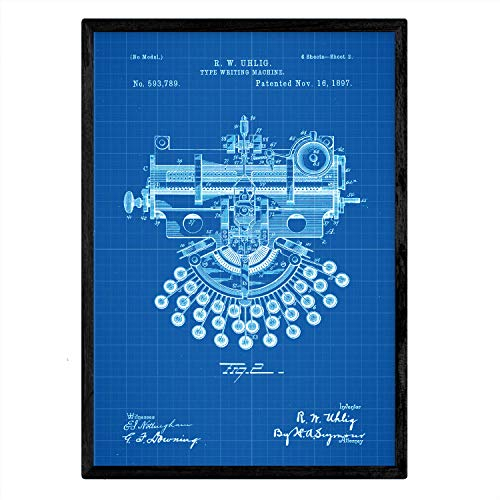 Nacnic Poster Patent Schreibmaschine 4. Folie mit altem Design-Patent in A3-Format mit blauem Hintergrund