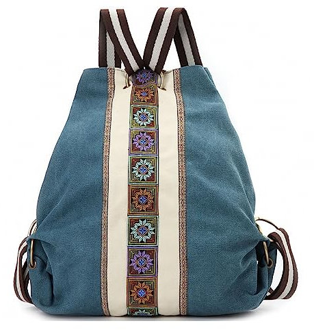 Goodhan Women Canvas Backpack Daypack Casual Shoulder Bag, Vintage Heavy-duty Anti-theft Travel Backpack, Green Blue, One Size, Soft
