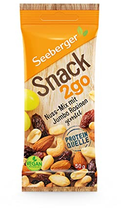Seeberger Snack2go Nuss-Mix mit Jumbo Rosinen 12er Pack: Geröstete Nussmischung mit Mandeln, Cashews, Erdnüssen und Weinbeeren - als Snack für unterwegs, vegan (12 x 50 g)