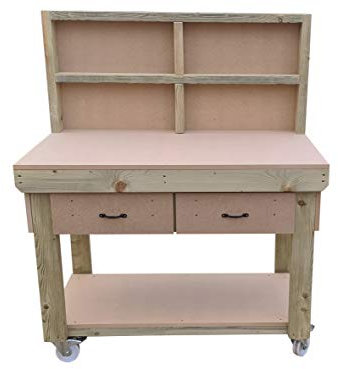 Arbor Garden Solutions Wooden workbench 18mm MDF top with drawers - legs with wheels and back panel - industrial heavy-duty garage storage table (V.1) (5ft)