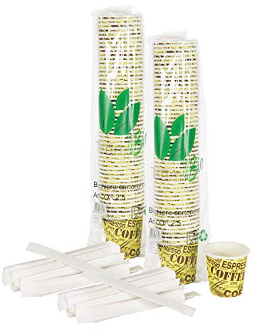 Lot de 200 gobelets en carton pour expresso avec bâtonnets en bouleau pour mélanger, 75 ml, jaune
